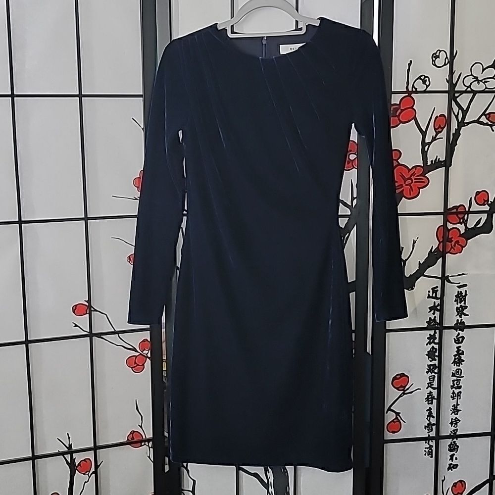 Reiss Velvet Midnight Blue Long Sleeve Knee Length  Dress